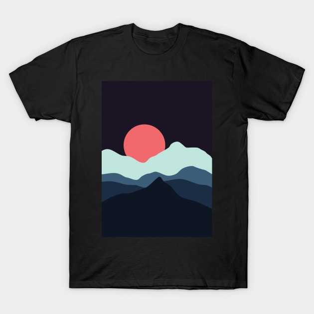 Minimalist Sunset at The Blue Black Mountainous Landscape Graphic Illustration T-Shirt by CityNoir